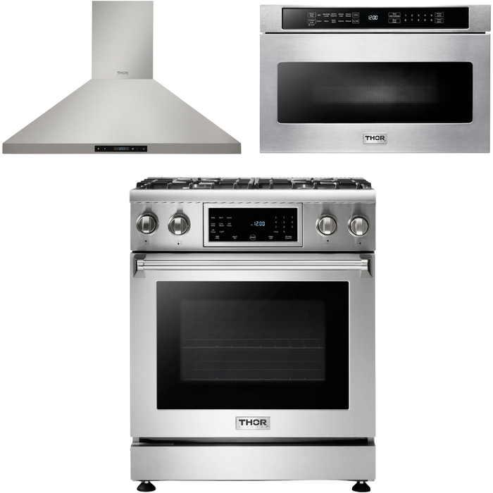 Thor Kitchen 30 In. Propane Gas Range, Range Hood, Microwave Drawer Appliance Package