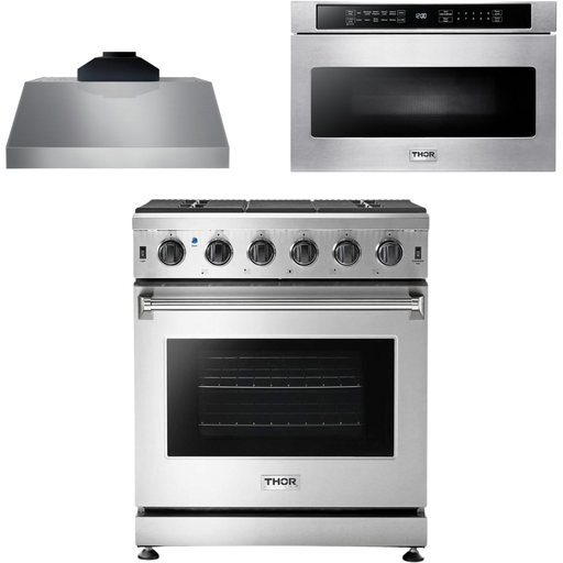 Thor Kitchen 30 In. Propane Gas Range, Range Hood, Microwave Drawer Appliance Package