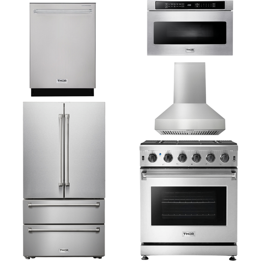 Thor Kitchen 30 In. Propane Gas Range, Range Hood, Microwave Drawer, Refrigerator, Dishwasher Appliance Package