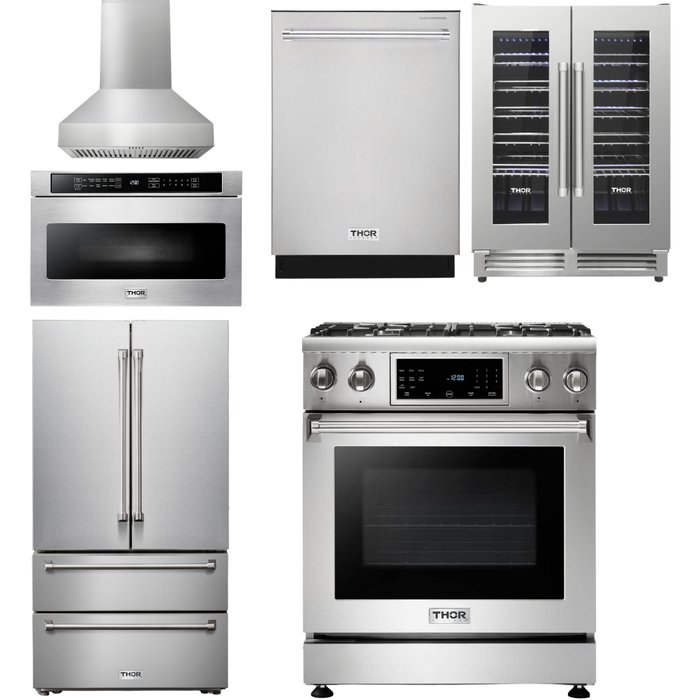 Thor Kitchen 30 In. Propane Gas Range, Range Hood, Microwave Drawer, Refrigerator, Dishwasher, Wine Cooler Appliance Package