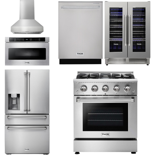 Thor Kitchen 30 In. Propane Gas Range, Range Hood, Microwave Drawer, Refrigerator, Dishwasher, Wine Cooler Appliance Package