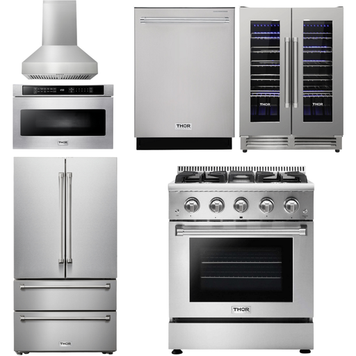 Thor Kitchen 30 In. Propane Gas Range, Range Hood, Microwave Drawer, Refrigerator, Dishwasher, Wine Cooler Appliance Package