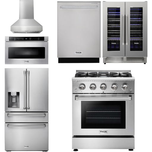 Thor Kitchen Kitchen Appliance Packages Thor Kitchen 30 In. Propane Gas Range, Range Hood, Microwave Drawer, Refrigerator, Dishwasher, Wine Cooler Appliance Package
