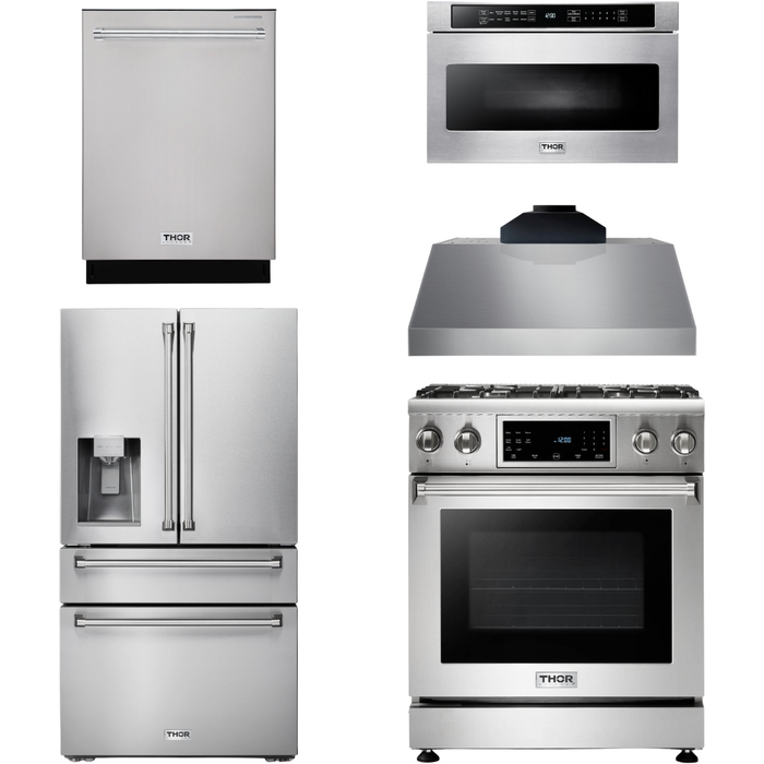 Thor Kitchen 30 In. Propane Gas Range, Range Hood, Microwave Drawer, Refrigerator with Water and Ice Dispenser, Dishwasher Appliance Package