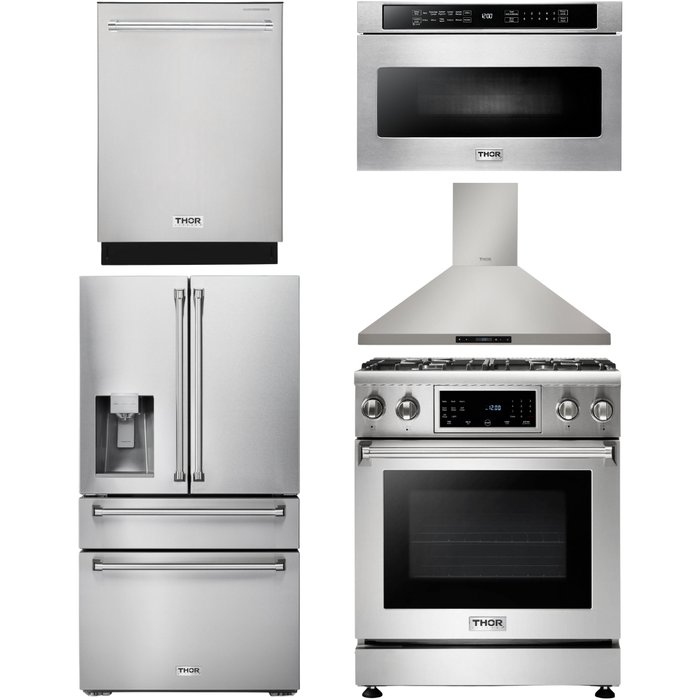 Thor Kitchen 30 In. Propane Gas Range, Range Hood, Microwave Drawer, Refrigerator with Water and Ice Dispenser, Dishwasher Appliance Package