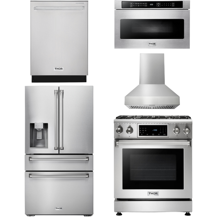 Thor Kitchen Kitchen Appliance Packages Thor Kitchen 30 In. Propane Gas Range, Range Hood, Microwave Drawer, Refrigerator with Water and Ice Dispenser, Dishwasher Appliance Package