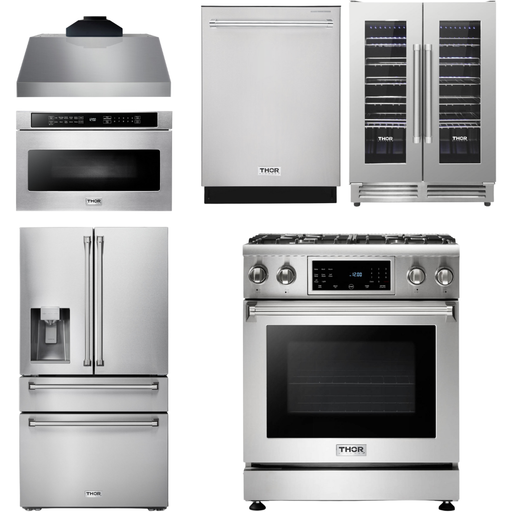 Thor Kitchen 30 In. Propane Gas Range, Range Hood, Microwave Drawer, Refrigerator with Water and Ice Dispenser, Dishwasher, Wine Cooler Appliance Package