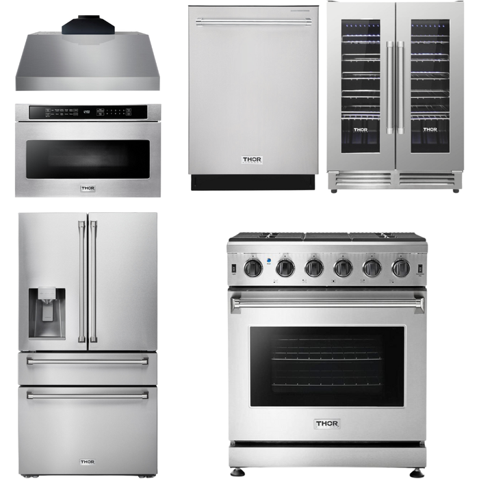 Thor Kitchen 30 In. Propane Gas Range, Range Hood, Microwave Drawer, Refrigerator with Water and Ice Dispenser, Dishwasher, Wine Cooler Appliance Package