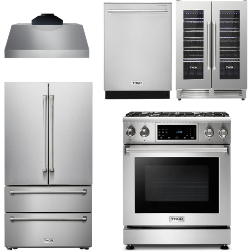 Thor Kitchen 30 In. Propane Gas Range, Range Hood, Refrigerator, Dishwasher, Wine Cooler Appliance Package