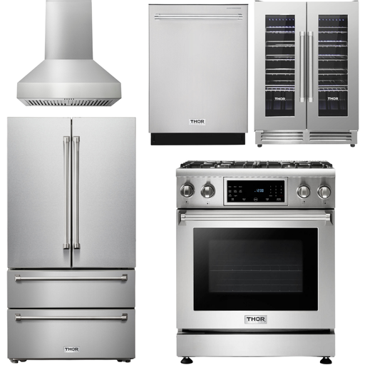 Thor Kitchen 30 In. Propane Gas Range, Range Hood, Refrigerator, Dishwasher, Wine Cooler Appliance Package