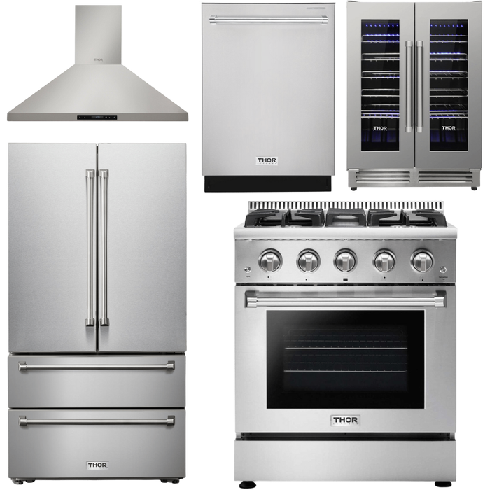 Thor Kitchen 30 In. Propane Gas Range, Range Hood, Refrigerator, Dishwasher, Wine Cooler Appliance Package