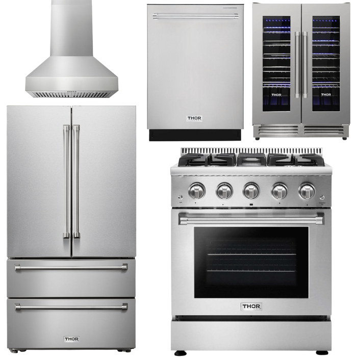 Thor Kitchen 30 In. Propane Gas Range, Range Hood, Refrigerator, Dishwasher, Wine Cooler Appliance Package