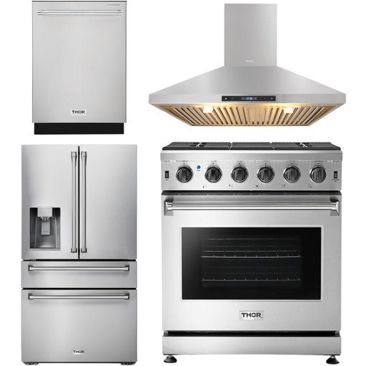 Thor Kitchen 30 in. Propane Gas Range, Range Hood, Refrigerator with Water and Ice Dispenser, Dishwasher Appliance Package