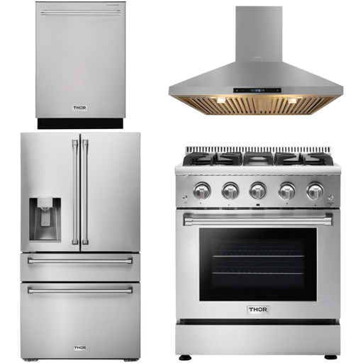 Thor Kitchen 30 In. Propane Gas Range, Range Hood, Refrigerator with Water and Ice Dispenser, Dishwasher Appliance Package