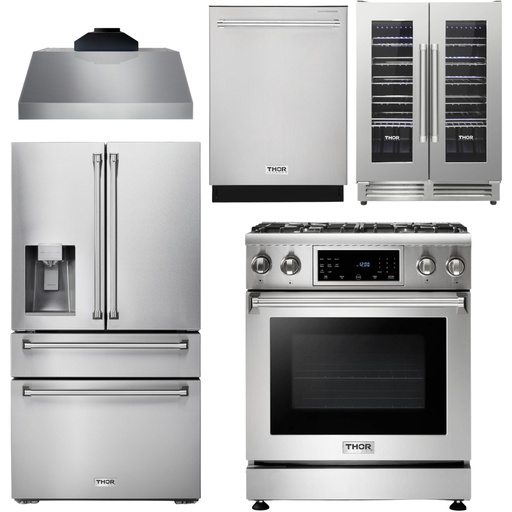 Thor Kitchen 30 In. Propane Gas Range, Range Hood, Refrigerator with Water and Ice Dispenser, Dishwasher, Wine Cooler Appliance Package