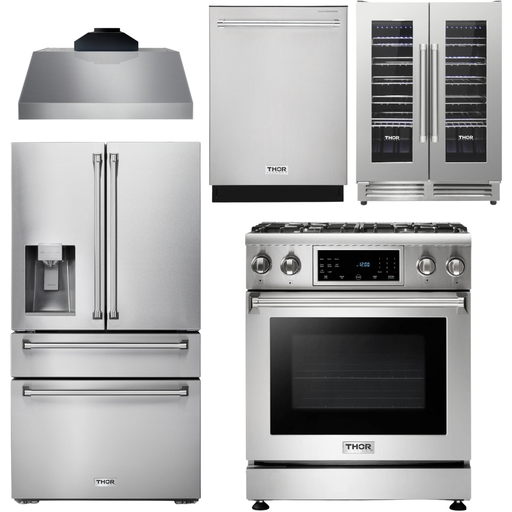 Thor Kitchen Kitchen Appliance Packages Thor Kitchen 30 In. Propane Gas Range, Range Hood, Refrigerator with Water and Ice Dispenser, Dishwasher, Wine Cooler Appliance Package