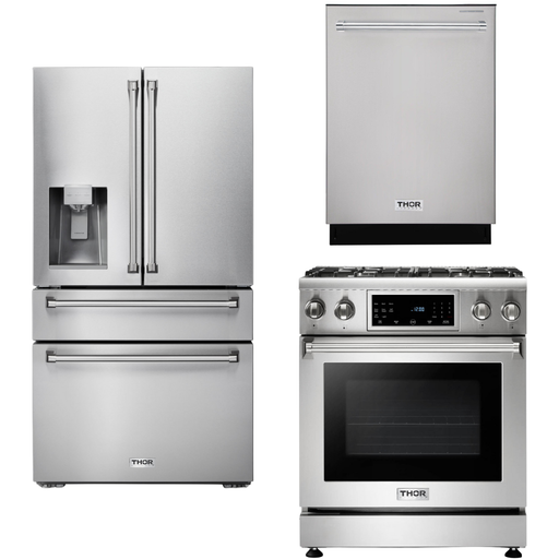 Thor Kitchen Kitchen Appliance Packages Thor Kitchen 30 In. Propane Gas Range, Refrigerator with Water and Ice Dispenser, Dishwasher Appliance Package