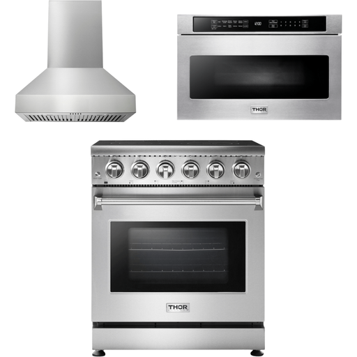 Thor Kitchen 30 Inch Electric Range, Range Hood, Microwave Drawer Appliance Package