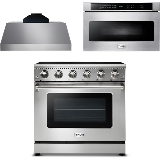 Thor Kitchen Kitchen Appliance Packages Thor Kitchen 36 In. Electric Range, Range Hood, Microwave Drawer Appliance Package