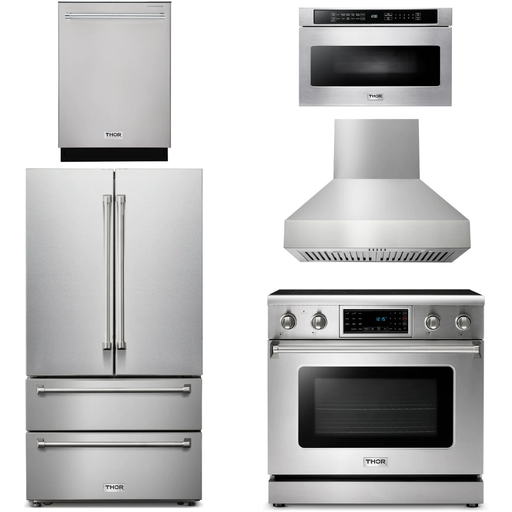 Thor Kitchen 36 In. Electric Range, Range Hood, Microwave Drawer, Refrigerator, Dishwasher Appliance Package