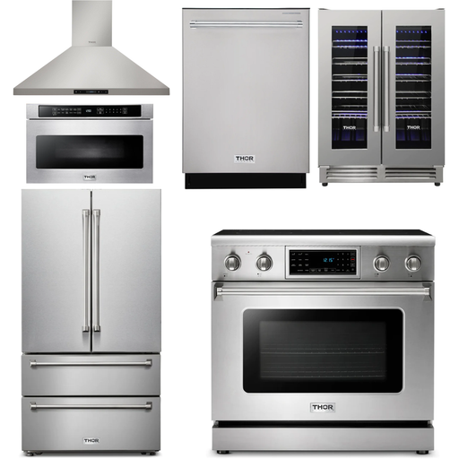 Thor Kitchen 36 In. Electric Range, Range Hood, Microwave Drawer, Refrigerator, Dishwasher, Wine Cooler Appliance Package