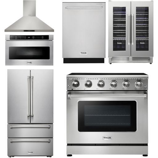 Thor Kitchen Kitchen Appliance Packages Thor Kitchen 36 In. Electric Range, Range Hood, Microwave Drawer, Refrigerator, Dishwasher, Wine Cooler Appliance Package