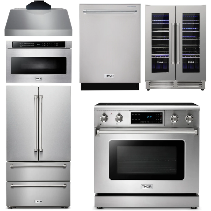 Thor Kitchen Kitchen Appliance Packages Thor Kitchen 36 In. Electric Range, Range Hood, Microwave Drawer, Refrigerator, Dishwasher, Wine Cooler Appliance Package