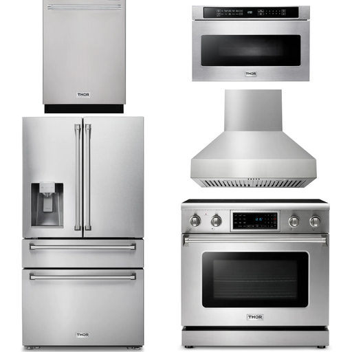 Thor Kitchen 36 In. Electric Range, Range Hood, Microwave Drawer, Refrigerator with Water and Ice Dispenser, Dishwasher Appliance Package