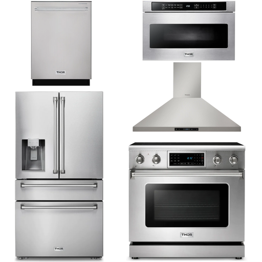 Thor Kitchen 36 In. Electric Range, Range Hood, Microwave Drawer, Refrigerator with Water and Ice Dispenser, Dishwasher Appliance Package