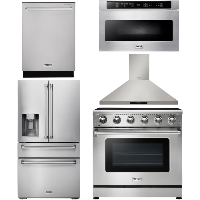 Thor Kitchen 36 in. Electric Range, Range Hood, Microwave Drawer, Refrigerator with Water and Ice Dispenser, Dishwasher Appliance Package