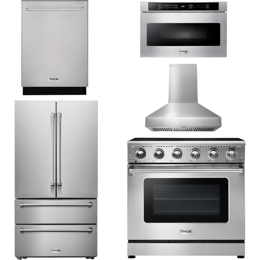 Thor Kitchen Kitchen Appliance Packages Thor Kitchen 36 In. Electric Range, Range Hood, Microwave Drawer, Refrigerator with Water and Ice Dispenser, Dishwasher Appliance Package