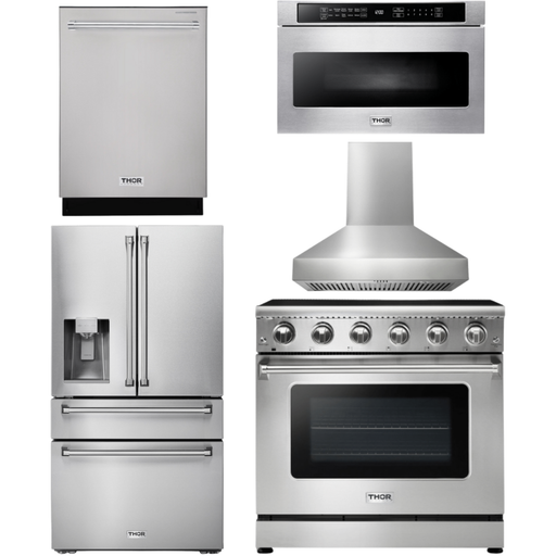 Thor Kitchen Kitchen Appliance Packages Thor Kitchen 36 in. Electric Range, Range Hood, Microwave Drawer, Refrigerator with Water and Ice Dispenser, Dishwasher Appliance Package