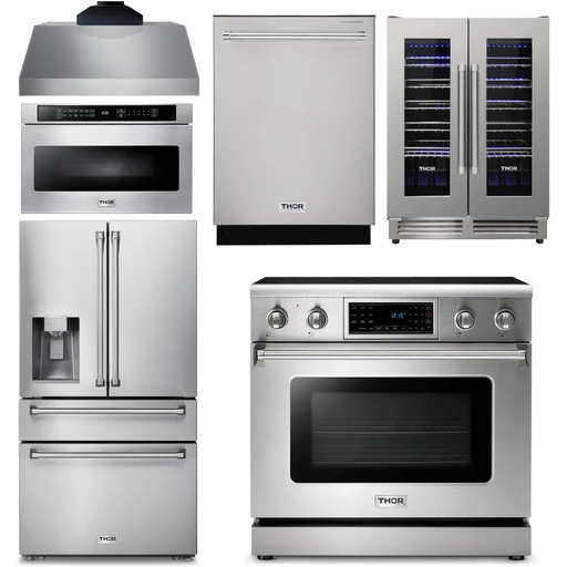 Thor Kitchen 36 In. Electric Range, Range Hood, Microwave Drawer, Refrigerator with Water and Ice Dispenser, Dishwasher, Wine Cooler Appliance Package