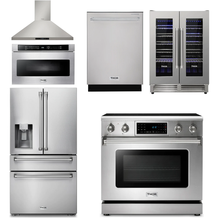 Thor Kitchen 36 In. Electric Range, Range Hood, Microwave Drawer, Refrigerator with Water and Ice Dispenser, Dishwasher, Wine Cooler Appliance Package