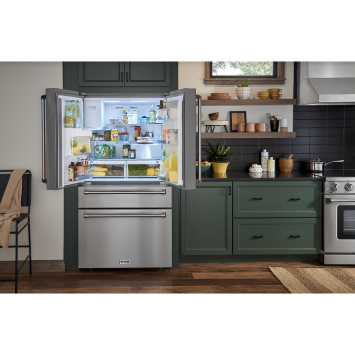 Thor Kitchen Kitchen Appliance Packages Thor Kitchen 36 In. Electric Range, Range Hood, Microwave Drawer, Refrigerator with Water and Ice Dispenser, Dishwasher, Wine Cooler Appliance Package