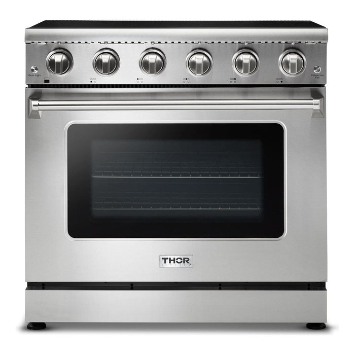 Thor Kitchen 36 In. Electric Range, Range Hood, Refrigerator with Water and Ice Dispenser, Dishwasher Appliance Package