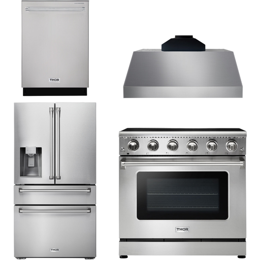 Thor Kitchen Kitchen Appliance Packages Thor Kitchen 36 In. Electric Range, Range Hood, Refrigerator with Water and Ice Dispenser, Dishwasher Appliance Package