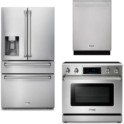 Thor Kitchen 36 In. Electric Range, Refrigerator with Water and Ice Dispenser, Dishwasher Appliance Package