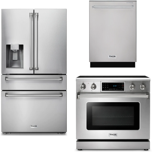 Thor Kitchen Kitchen Appliance Packages Thor Kitchen 36 In. Electric Range, Refrigerator with Water and Ice Dispenser, Dishwasher Appliance Package