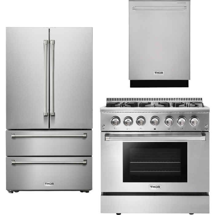 Thor Kitchen 36 In. Gas Burner/Electric Oven Range, Dishwasher, Refrigerator Appliance Package