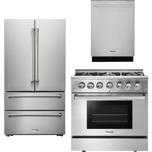 Thor Kitchen Kitchen Appliance Packages Thor Kitchen 36 In. Gas Burner/Electric Oven Range, Dishwasher, Refrigerator Appliance Package