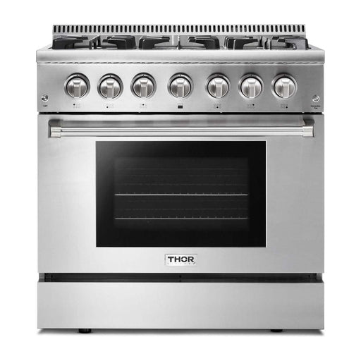 Thor Kitchen 36 In. Gas Burner/Electric Oven Range, Dishwasher, Refrigerator with Water and Ice Dispenser Appliance Package