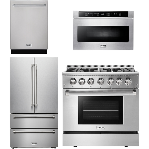 Thor Kitchen 36 In. Gas Burner/Electric Oven Range, Microwave Drawer, Refrigerator, Dishwasher Appliance Package