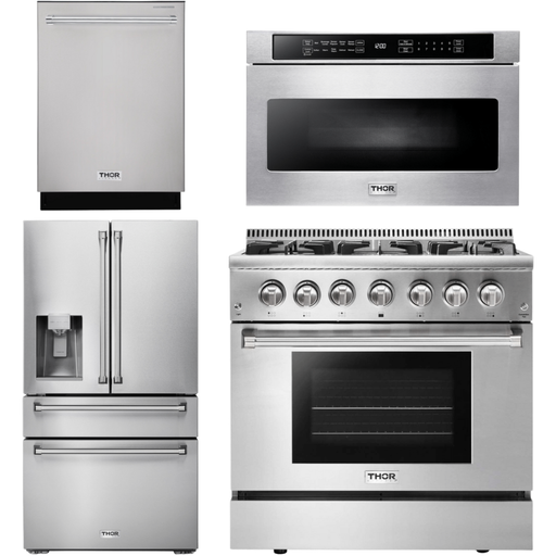 Thor Kitchen Kitchen Appliance Packages Thor Kitchen 36 In. Gas Burner/Electric Oven Range, Microwave Drawer, Refrigerator with Water and Ice Dispenser, Dishwasher Appliance Package
