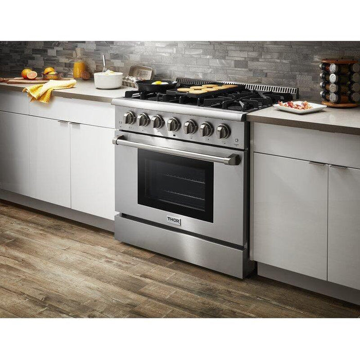 Thor Kitchen 36 In. Gas Burner/Electric Oven Range, Range Hood, Dishwasher. Refrigerator with Water and Ice Dispenser Appliance Package