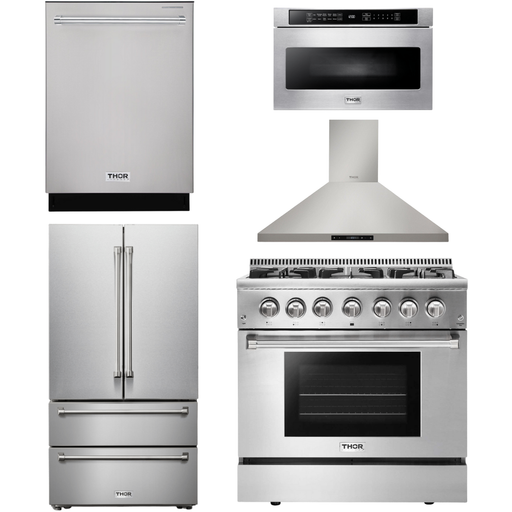 Thor Kitchen Kitchen Appliance Packages Thor Kitchen 36 In. Gas Burner/Electric Oven Range, Range Hood, Microwave Drawer, Refrigerator, Dishwasher Appliance Package