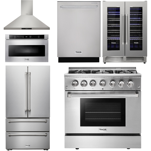 Thor Kitchen Kitchen Appliance Packages Thor Kitchen 36 In. Gas Burner/Electric Oven Range, Range Hood, Microwave Drawer, Refrigerator, Dishwasher, Wine Cooler Appliance Package