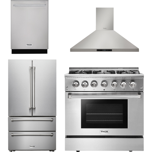 Thor Kitchen Kitchen Appliance Packages Thor Kitchen 36 In. Gas Burner/Electric Oven Range, Range Hood, Refrigerator, Dishwasher Appliance Package
