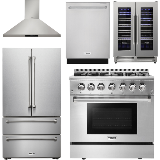 Thor Kitchen 36 In. Gas Burner/Electric Oven Range, Range Hood, Refrigerator, Dishwasher, Wine Cooler Appliance Package