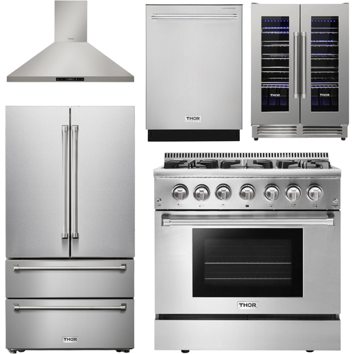 Thor Kitchen Kitchen Appliance Packages Thor Kitchen 36 In. Gas Burner/Electric Oven Range, Range Hood, Refrigerator, Dishwasher, Wine Cooler Appliance Package